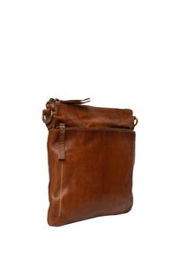 Borsa in pelle marrone con una texture liscia, chiusura con zip e tasca esterna. Presenta accessori in ottone e dettagli in cuciture bianche.