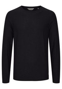 Zwarte langemouwenshirt van textuurstof, ronde halslijn, normale pasvorm, met een klein logo label aan de zoom, zonder patronen of accenten.