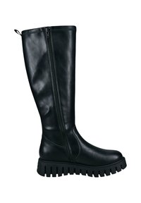 Botte noire haute jusqu'au genou en cuir lisse, dotée d'une fermeture éclair sur le côté et d'une semelle en caoutchouc épaisse et crantée pour une meilleure adhérence.