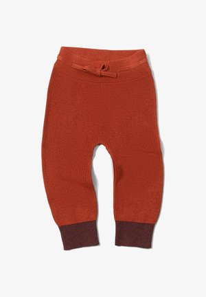 Knit pants in burnt orange with a ribbed texture, featuring a wide waistband and dark brown cuffs. Includes a drawstring for adjustment.