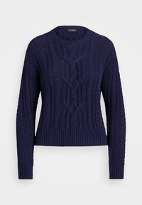 Pull en maille torsadée bleu marine à manches longues, col rond et ourlet côtelé. Des motifs détaillés ajoutent de la texture et un intérêt visuel.