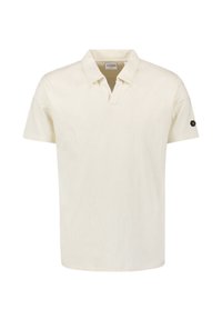 Korte mouwen polo in crème met een textuur patroon, voorzien van een V-hals en een zwart hexagonaal logo-embleem op de linker mouw.