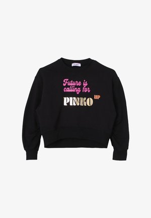 Felpa nera corta con testo rosa e oro "Future is calling for PINKO UP" sul davanti, maniche lunghe e scollatura rotonda.