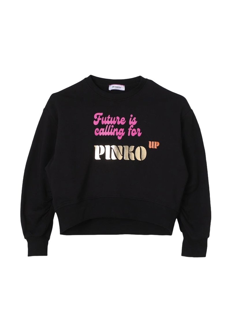 Felpa nera corta con testo rosa e oro "Future is calling for PINKO UP" sul davanti, maniche lunghe e scollatura rotonda.