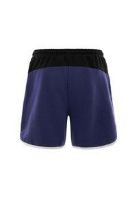 Pantaloni sportivi blu navy con fascia nera in vita, parte superiore elasticizzata e rifiniture grigie. Presentano una texture semplice e liscia e un design dalla vestibilità ampia.