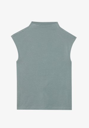 Haut sans manches de couleur vert clair avec un col haut et une texture lisse. Ourlet cousu sans motifs visibles ni détails en métal.
