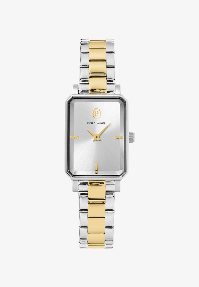 Reloj de cuarzo con caja rectangular de acero inoxidable en plata y oro. Esfera plateada con acentos dorados, que presenta una manecilla de hora y una de minuto simples.