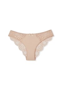 Culotte beige bordée de dentelle avec un corps lisse, des accents en dentelle florale sur les bords, et un petit nœud en satin au centre du dos.