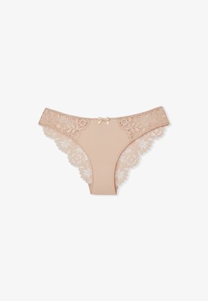 Beige Panties mit Spitzensaum, glattem Körper, floralen Spitzenakzenten an den Rändern und einer kleinen Satinschleife in der Mitte am Rücken.