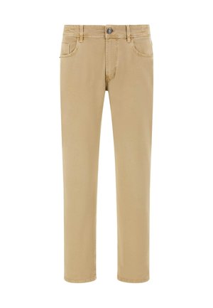 Pantaloni beige in cotone a taglio slim, con chiusura a bottone, cinque tasche e dettagli di cucitura discreti. Texture liscia.