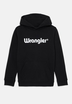 Zwarte hoodie van een katoenmix, met een voorzak in kangoeroestijl, ribgebreide manchetten en het "Wrangler" logo in het wit op de borst gedrukt.