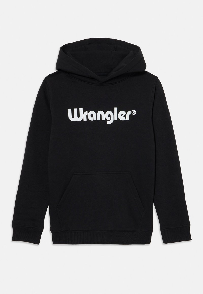 Sudadera negra de mezcla de algodón, con un bolsillo tipo canguro en la parte frontal, puños acanalados y el logo "Wrangler" impreso en blanco en el pecho.