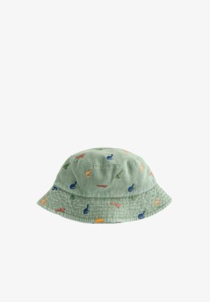 Gaiši zaļa spainīša cepure ar izšūtām krāsainām mazām dinozauriem visā audumā.