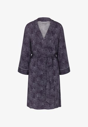 Liila kukkakuosisilla yöpaidoilla, joissa on pitkät hihat, nauhatasku ja V-kaula-aukko. Valmistettu pehmeästä kankaasta, jossa on vaalean värisiä korostuslinjoja.