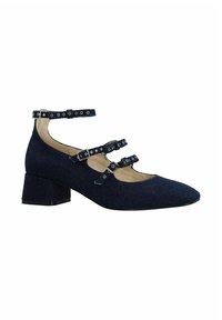Marineblauwe denim high heels met een spitse neus en drie verstelbare enkelbandjes. Voorzien van een gestructureerde afwerking en een blokhak voor stabiliteit.