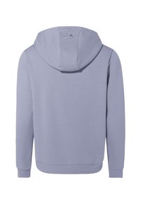 Helle lila Kapuzenpullover mit weicher Textur, ausgestattet mit einer verstellbaren Kapuze, gerippten Bündchen und Saum sowie einem dezenten Logo auf der Rückseite.