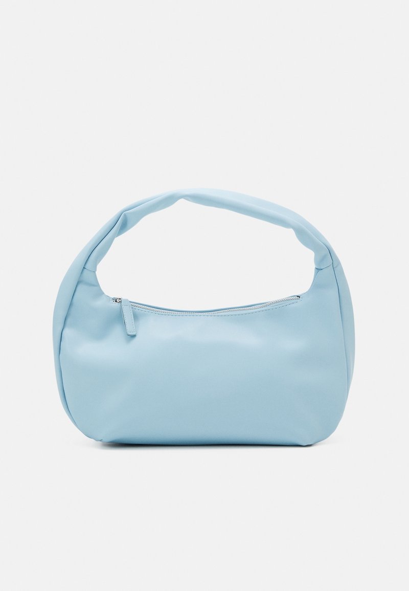 Light blue handbag with a soft, rounded shape, made of smooth synthetic material. Features a zipper closure and a padded handle.