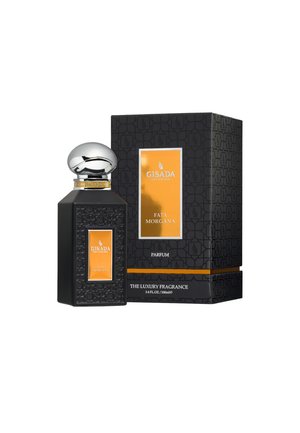 Schwarze und goldene Gisada Fata Morgana Parfümflasche mit silbernem Deckel neben passender schwarzer und goldener strukturierter Schachtel, 100 ml Luxusduft.