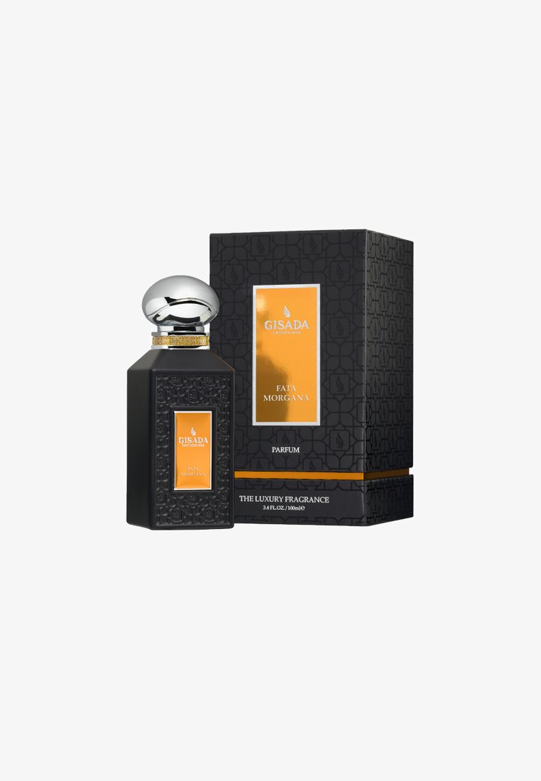 Flacon de parfum Gisada Fata Morgana noir et or avec bouchon argenté à côté d’une boîte noire et or texturée assortie, parfum de luxe 100 ml.