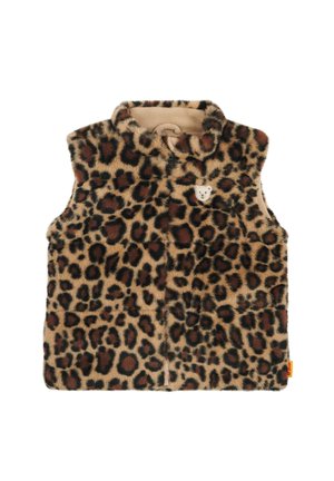 Sleeveless fleece vest with brown and black leopard print, beige zipper, and small bear face emblem on chest.