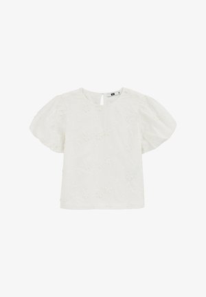 Bluză albă brodată cu mâneci scurte evazate, având modele florale și un detaliu de tip cheie la spate. Confecționată dintr-un material ușor.