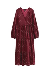 Burgunderrotes Wickelkleid mit langen Ärmeln, weißen Punkten, mehrstufigem Rock und einer Schleife in der Taille. Hergestellt aus einem weichen, leichten Stoff.