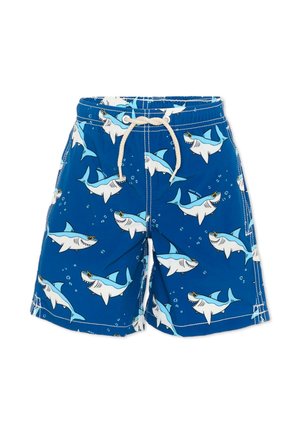 Niebieskie krótkie spodenki kąpielowe dla dzieci z białymi i jasnoniebieskimi rekinami w okularach przeciwsłonecznych, elastycznym pasem i białym sznurkiem.