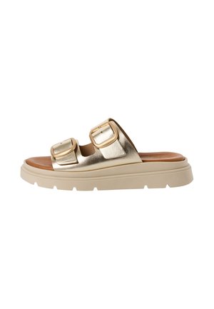 Gold metallic slide sandals with two wide straps and square buckles, featuring a tan cushioned footbed and a beige rubber sole.