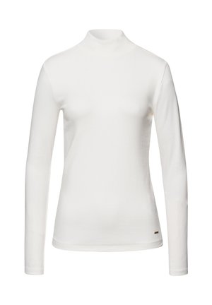 Biała długa bluzka z kołnierzem typu golf wykonanego z bawełny, charakteryzująca się dopasowanym krojem, gładką fakturą i delikatnymi detalami szwów na mankietach.