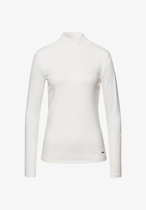 Biała długa bluzka z kołnierzem typu golf wykonanego z bawełny, charakteryzująca się dopasowanym krojem, gładką fakturą i delikatnymi detalami szwów na mankietach.