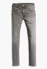 Jeans de mezclilla gris con corte recto, que cuentan con un diseño clásico de cinco bolsillos, cierre de botón y un sutil desgaste en la tela.