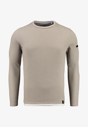 Light gray long-sleeve shirt with a ribbed texture, round neckline, and contrasting white hem; features a small black accent on the sleeve.