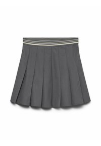 Jupe plissée grise foncée avec une taille élastique rayée dans des nuances claires et foncées, posée à plat sur un fond blanc.