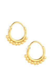 Goldene Creolen mit einem abgerundeten Design und sieben gleichmäßig verteilten, kugelförmigen Akzenten entlang der unteren Kante. Polierte Oberfläche.