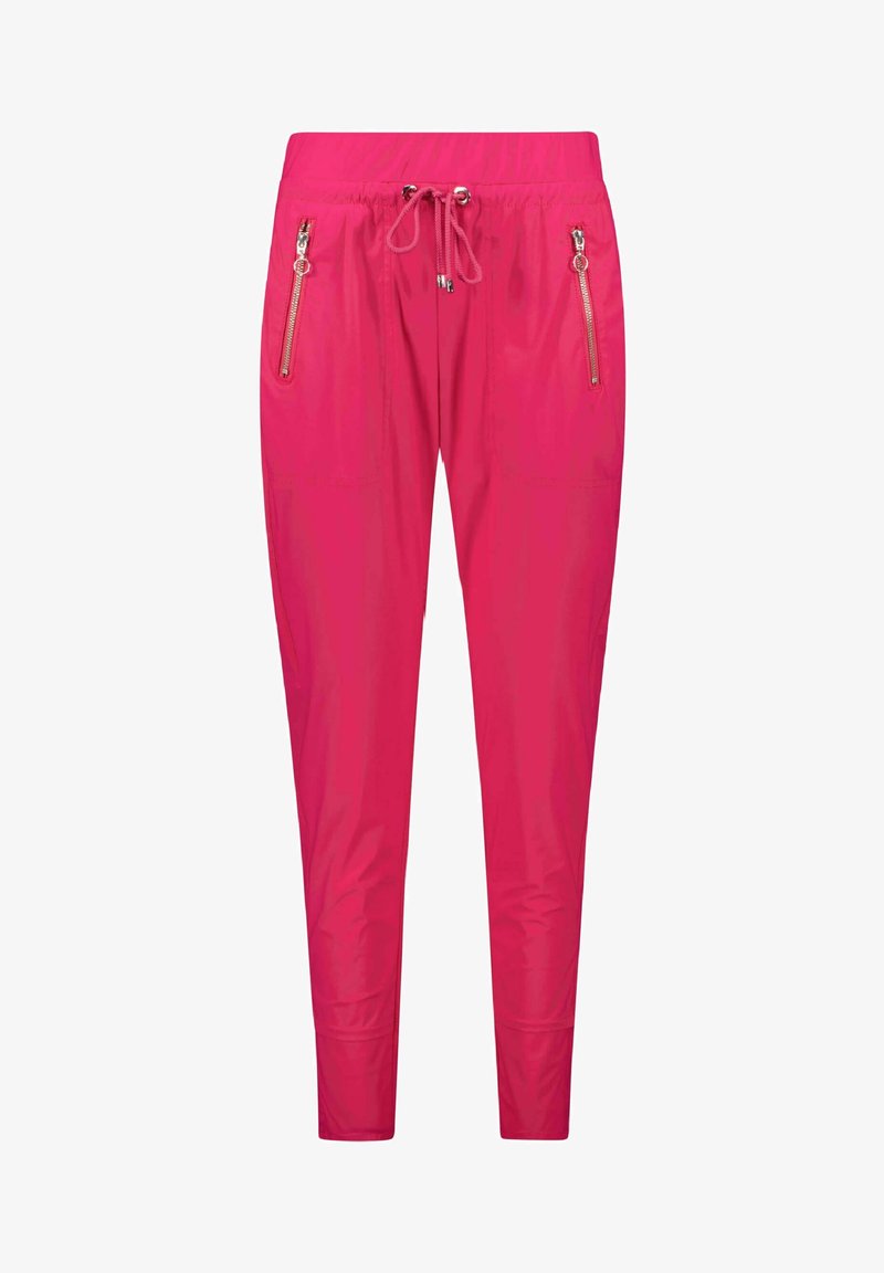 Rosa joggingsbyxor i lätt tyg, med elastisk midja, dragsko och två fickor med dragkedja framtill.