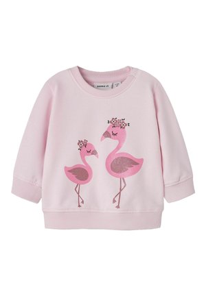 Light pink toddler sweatshirt with two pink flamingos wearing flower crowns printed on the front, ribbed cuffs and hem.
