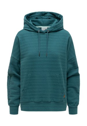 Teal quilte hettegenser med snorer, kengurulomme, ribbestrikkede mansjetter og kant, med et subtilt horisontalt stripemønster.