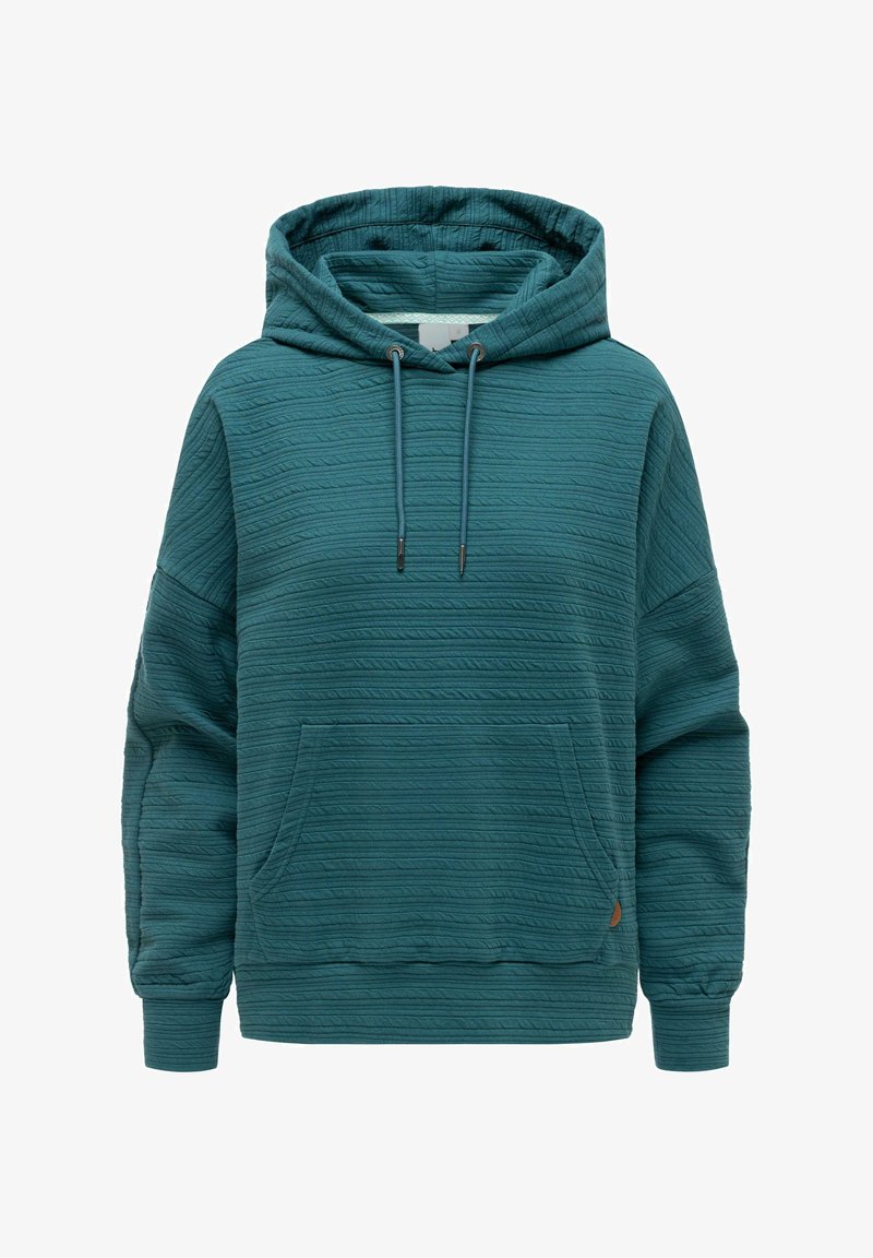 Turquoise gewatteerde hoodie met trekkoorden, kangoeroezak, geribbelde manchetten en zoom, met een subtiel horizontaal streeppatroon.