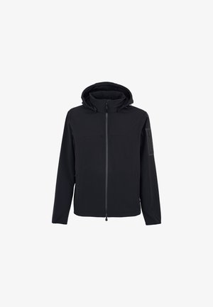 Zwarte jas met een ritssluiting aan de voorkant, verstelbare capuchon en twee voorzakken met een ritszak op de mouw. Glad, zacht materiaal.