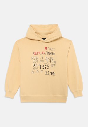 Yellow cotton hoodie with a kangaroo pocket, featuring printed text in gray, black, and red. Soft texture, long sleeves, and a drawstring hood.