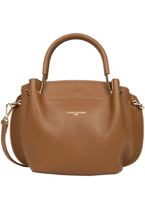 Borsa in pelle marrone con forma strutturata, doppio manico e tracolla rimovibile. Presenta accenti in oro e una finitura testurizzata.