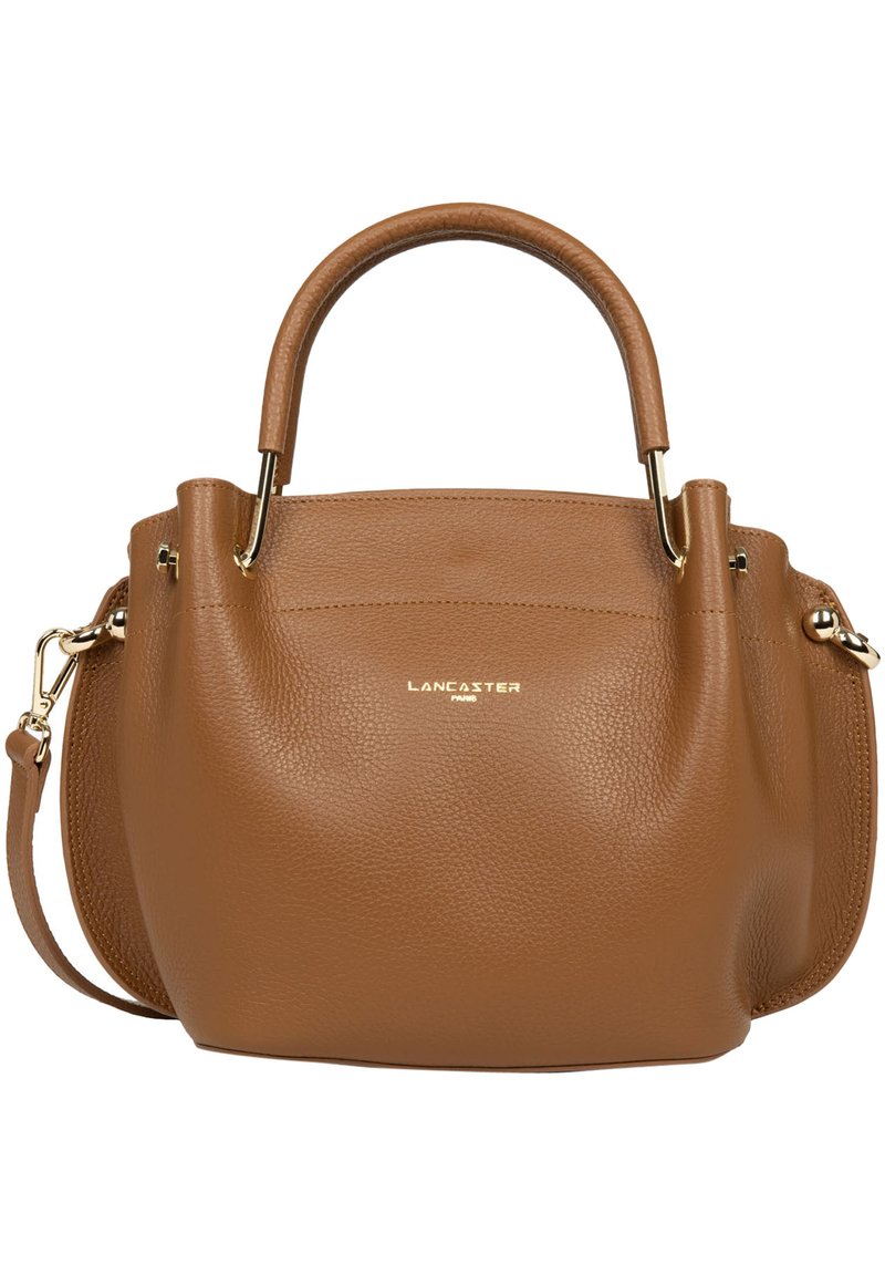 Borsa in pelle marrone con forma strutturata, doppio manico e tracolla rimovibile. Presenta accenti in oro e una finitura testurizzata.