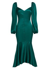 Teal satiini mekko, jossa on puffi hihat, istuva vartalo-osa, rivi nappeja edessä ja levenevä helma. Sileä tekstuuri ja elegantti muotoilu.
