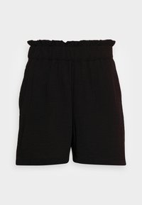 Shorts noirs avec une taille élastique ornée de volants, fabriqués dans un tissu texturé, dotés de poches latérales et d'une coupe décontractée.