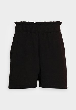 Shorts noirs avec une taille élastique ornée de volants, fabriqués dans un tissu texturé, dotés de poches latérales et d'une coupe décontractée.