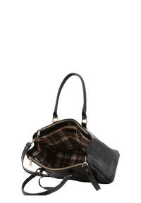 Borsa a tracolla in pelle nera con hardware dorato, manico singolo e fodera interna a quadri. Chiusura a zip nella parte superiore con un ampio scomparto.