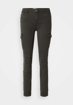 Pantalones cargo verde oliva con un ajuste slim, puños elásticos y varios bolsillos. Hechos de un tejido duradero con paneles de rodilla reforzados.