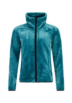 Chaqueta de forro polar verde azulado con cuello alto y cremallera frontal, con mangas largas y acentos en cremallera negra. Textura suave en toda la prenda.