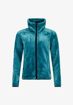 Chaqueta de forro polar verde azulado con cuello alto y cremallera frontal, con mangas largas y acentos en cremallera negra. Textura suave en toda la prenda.