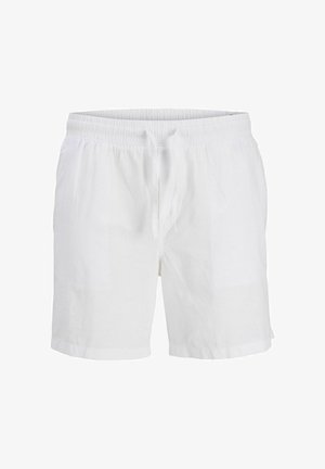 White elastic waist shorts with drawstring, mid-thigh length, and a relaxed fit.